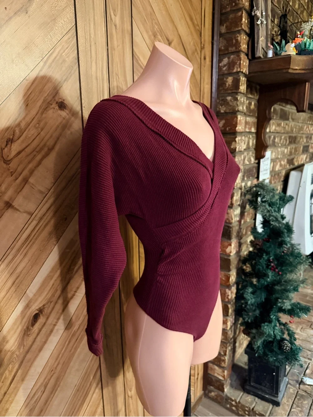 ⁠Intimately Free People Womens XS Burgundy Faux Wrap Ribbed Thermal Bodysuit
